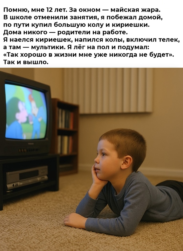 Счастье было таким простым — кола, кириешки и мультики на полу. А потом мы выросли… Смешная картинка 1746886597